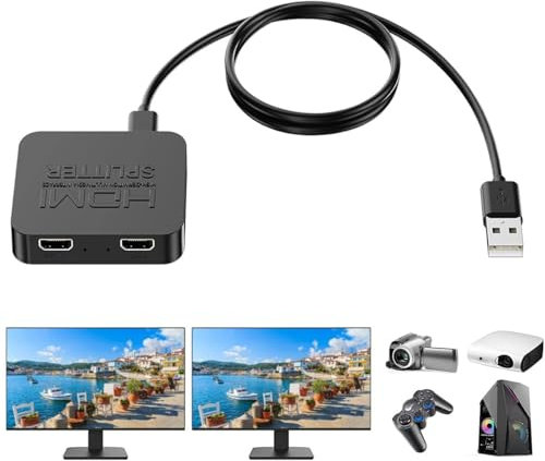 4K HDMI Splitter Adaptador 1 entrada 2 salida para dos monitores Conmutador de pantalla, 4K HD 1080P Audio Video Adaptador, para Mirroring / Duplicación solamente (NO extender), con HDMI / USB Cable,