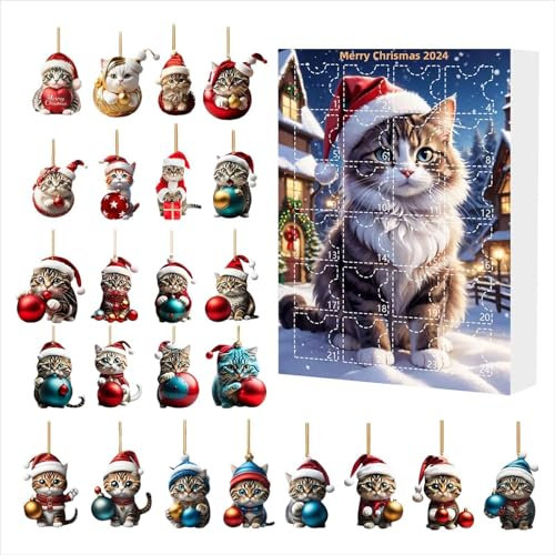 Weihnachten Katzenkalender 2024, 24 Weihnachtskatzen Sammelfigur, Weihnachts-Countdown-Kalender mit niedlichen Katzenpuppenspielzeugen, Geschenk für Katzenliebhaber