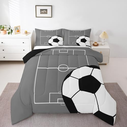 Erosebridal Football Bedding Set Twin Size Kids Soccer Comforter Set for Boys Girls Teens,Sports Theme Down Comforter Gray Ball Gaming Quilt Bed Set Football Bedroom Decor with 1 Pillowcase