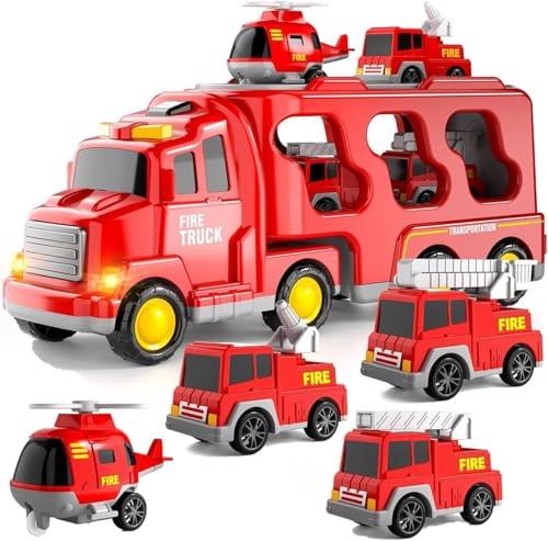 Weiongppy Jouet de Camion de Pompier 5 en 1, hélicoptère, Jouet pour Enfants avec 4 Mini Voitures, Jouet Puissant à Friction avec Son et lumières, Cadeaux d'anniversaire pour 3, 4, 5, 6 Ans