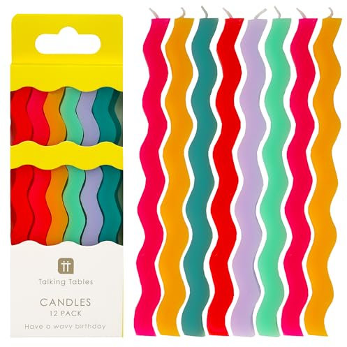 Talking Tables 12 x Wavy Birthday Candles for Cakes, Cake Topper Decoration, Premium Quality, Colourful Rainbow Candle, 12,5 cm Height, Recycled Packaging