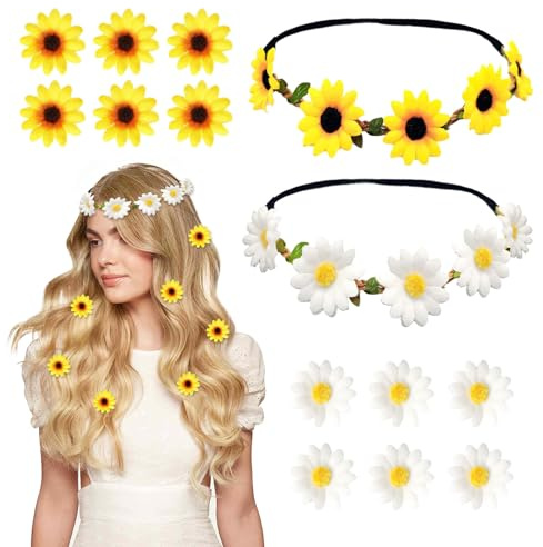 SAIIURV 2 Pcs Couronne de Tournesol et 12 Pcs Épingle à Cheveux Pinces Cheveux de Fleurs, Bandeau Hippie Couronne pour Femmes Filles, Marguerite Serre Tête Baptême pour Mariage Fête Festival