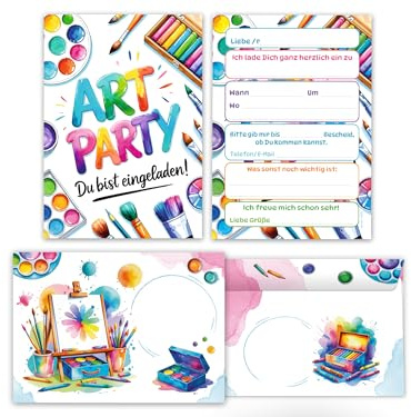 12 Einladungskarten inkl. 12 Umschläge zum Kindergeburtstag Jungen Mädchen Art Kreativ-Party Malparty Kunst Basteln DIY Künstlerparty Kinder Einladungen Geburtstag Geburtstagseinladungen Kids