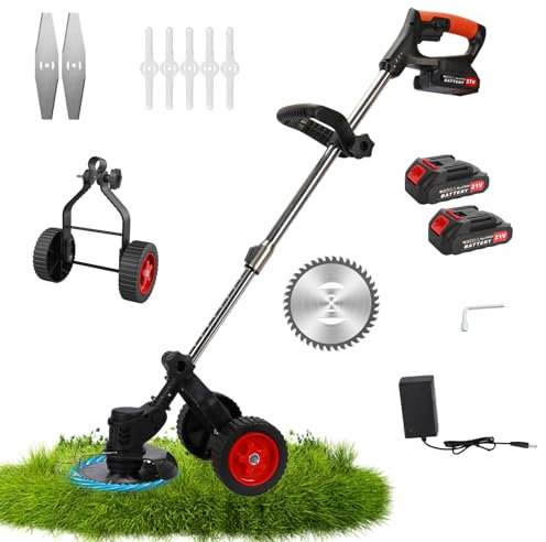 Debroussailleuse Electrique sans Fil, 21V Coupe Bordure sans Fil avec 2 Batteries 2.0Ah et Chargeur Rapide & 3 Types Lames, Debrouissalleuses a Batterie avec Roues pour Tondre Les Pelouses