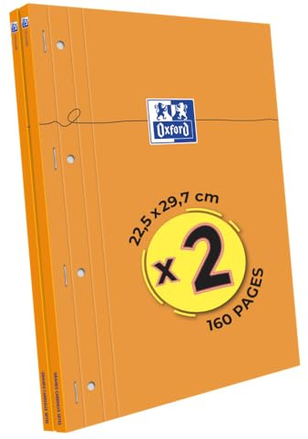Oxford Lot de 2 Bloc-notes Perforées Orange A4+ Grands Carreaux Seyès 80 Feuilles Agrafées Côté Couverture Carte Enduite Orange