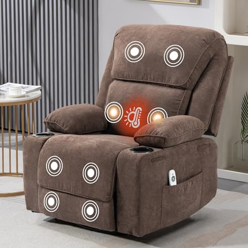 BRTHORY Relaxsessel mit Massagefunktion Fernsehsessel Liegefunktion Vibration Heizung, Dicke Rückenlehne und Armlehnen, Massagesessel mit Wippfunktion, 360°drehbar, Braun