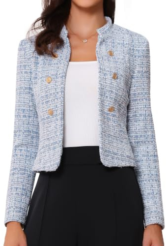 Allegra K Vestes vintage en tweed pour femmes, blazer court à col montant ouvert sur le devant