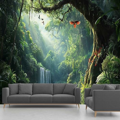 Générique Papier Peint Intissé Cascade, Fresque Murale Forêt Tropicale Humide Fleur Oiseaux, Papier Peint Panoramique – Pour Salon, Chambre, Bureau – 350 x 245 cm – Décoration Murale(non adhésif)