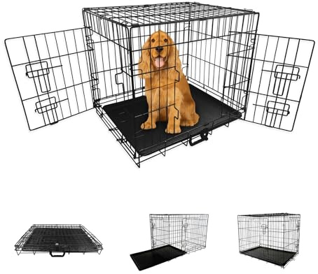 Straame Folding Dog Crate 30 Inch, 78x46x53cm Black Metal Pet Cage, 2 Doors | Secure sliding latches, leak-proof tray, airflow and carry handle support puppy training, indoor use, travel and easy storage
