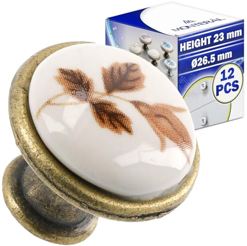 MONTERAL 12 Stück Möbelknöpfe Ø26,5 mm H23 mm - Muster Herbst Rosen | Schrankknöpfe Zink-Aluminium Legierung Schrankgriffe Farbe Antikes Messing und Weißes Porzellan Garantie 10 Jahre - MONTERAL
