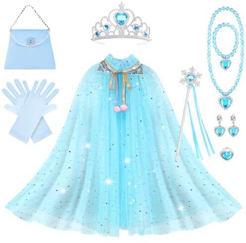 AOOWU ELSA prinsesskappa barn flickor, 11 st Elsa prinsesskostym med krona, trollstav, handskar, halsband, ring örhängen, armband, väskor, halloween kostym cape, för karneval cosplay fest (L)