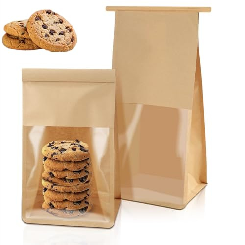 NatureMan 50 Pack Bakery Bags with Window,13x10x28cm Resealable Brown Kraft Paper Bread Packaging Storage Bags with Tin Tie Tab Lock for Bakery Cafe Homemade Bread (50, Small)
