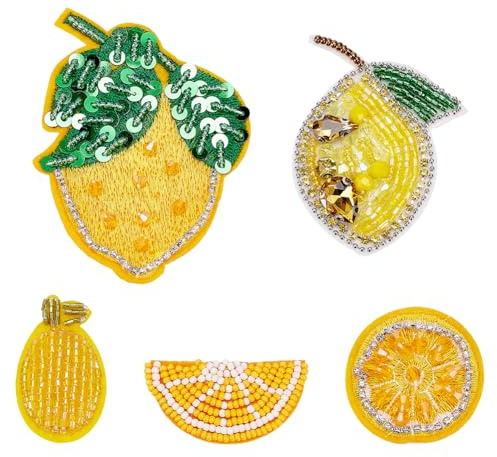 WADORN 5 Stil Obstmotiv Patches zum Aufbügeln, Stickerei Applikationsaufnäher Mit Zitronen Perlen Bestickte Aufnäher Applikation Mit Perlen Pailletten Strass Für DIY Taschen Schuhe Hüte Kostüm Jeans