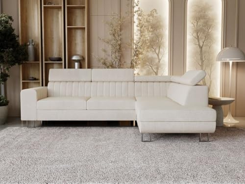 GRAINGOLD Berona Ecksofa 255x190 cm, L-Form Sofa, Schlafcouch für Wohnzimmer, Velours, 3-Sitzer Eckcouch, Modernes Design (Beige, Rechts)