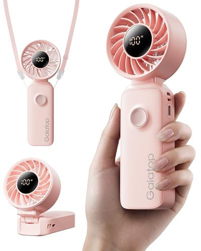 gaiatop Portable Handheld Fan, 5 Speed, Rechargeable Battery Operated, Max 18 Working Hours, 3 IN 1 Neck/Desk/Hand Fans Cooling for Women/Men Outdoor Activities, Travel, Beach - Pink