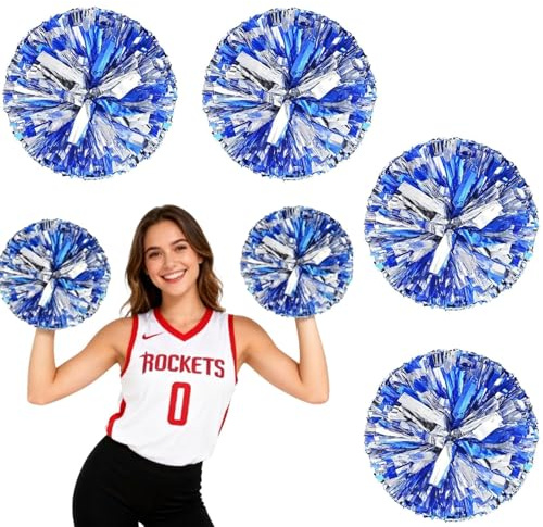 Tniytru 4-Pack Blue and Silver Cheerleader Pom Poms with Secure Finger Loops, PET Material for Sports Events, School Activities, Cheer Routines and Performances