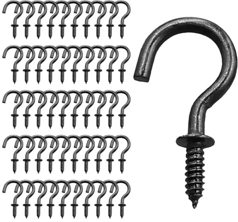 YCSHIPO 50 Pcs Screw Hooks, 1-1/4 Inch Heavy Duty Screw Wood Wall Ceiling Hooks, Black Cup Hooks Plant Hook Indoor Outdoor for Utensils Plants Baskets Lights Wreaths Mugs
