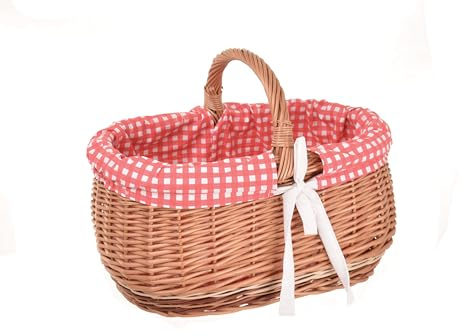 Aqbau Weidenkorb mit Henkel groß, Einkaufskorb geflochten Rot | Naturweide, rote karierte Stoffeinlage, ca. 36 x 23 x 16 cm, Höhe mit Henkel 27 cm, für Einkauf & Picknick