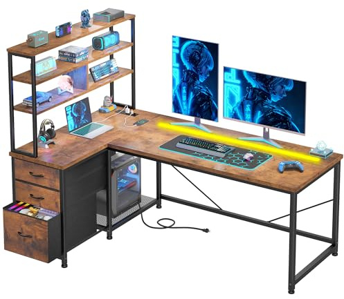 Cliporix Large L Shaped Computer Desk with LED & Power Outlets, Brown