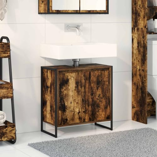 Plumbpyr Armadietto da bagno in legno fumé 60 x 30 x 60 cm con gambe in acciaio, 3 ante, mobile per bagno, moderno stile industriale, pratico spazio per lavabo e mobili da bagno