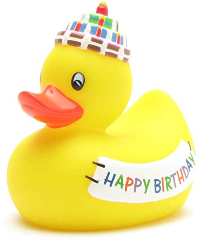 Duckshop I Badeente Happy Birthday I Quietscheente Geburtstag I L: 8,5 cm I Quietscheentchen I Geschenk Kinder I Präsent Sammler I Mitbringsel