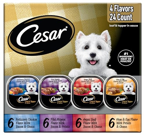 Cesar Loaf in Sauce Wet Dog Food Rotisserie Chicken, Filet Mignon, Angus Beef, and Ham & Egg Flavors Variety Pack, 3.5 oz. Easy Peel Trays (24 Count, Pack of 1)