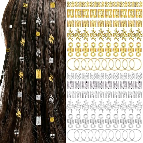 INPION 240 Stück Dreadlocks Schmuck, Haarschmuck Gold Silber für Zöpfe Metall Braids Schmuck Goldhaarschmuck Silberhaarschmuck Metal Hair Cuffs Spring Twisted Braid hair rings for braids accessorie