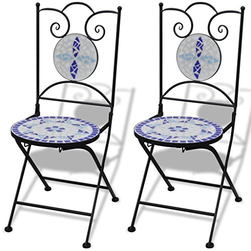 Tidyard 2 Stück Mosaikstuhl Klappstuhl Bistrostuhl, Blau+Wei?, 37 x 44 x 89 cm (B x T x H)