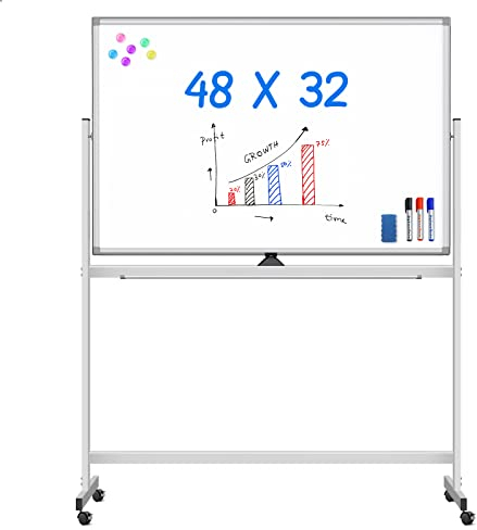 maxtek Mobiles Whiteboard, 120 x 80 cm Doppelseitiges Whiteboard mit Ständer, Magnetische, Aluminiumrahmen - mit Stifte, Schwämme, Magnete