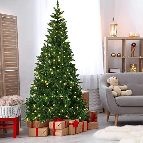 Olsen & Smith 7ft Large Christmas Tree - Artificial Indoor Pre Lit Xmas Christmas Tree with 450 Warm White LED Lights Built In & Snowflake Ornaments 7 Foot 1150 Branch Tips