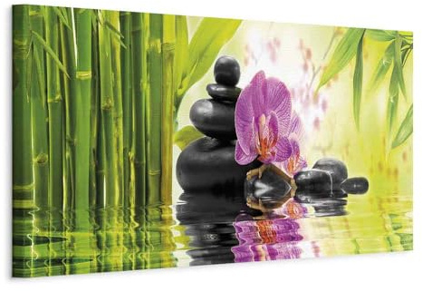 B&D XXL - Wandbilder XXL Blumen 150x50 cm 1 tlg - Wand Deko Vlies Leinwand Bilder Groß Wanddeko Wohnzimmer Schlafzimmer Kunstdrucke Panoramabild - Orchidee Zen Spa Steine Bambus 030110-32