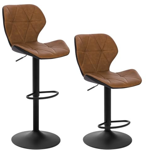 EUGAD 2X Barhocker Barstuhl Bistrohocker Tresenhocker Retro höhenverstellbar und drenbar mit Rückenlehne aus Kunstleder Stahl Braun, 0662BY-2