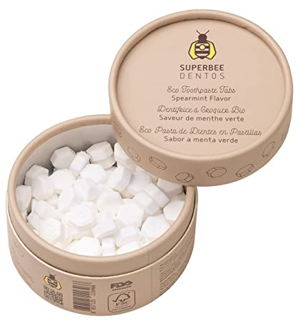 SuperBee Dentos Toothpaste Tablets, 100 Toothpaste Tabs, Fluoride Free & Eco Friendly, Travel Mouthwash Tablets, Sensitive Toothpaste Bites for Kids and Adults, Chewable Toothpaste Tablet, Spearmint