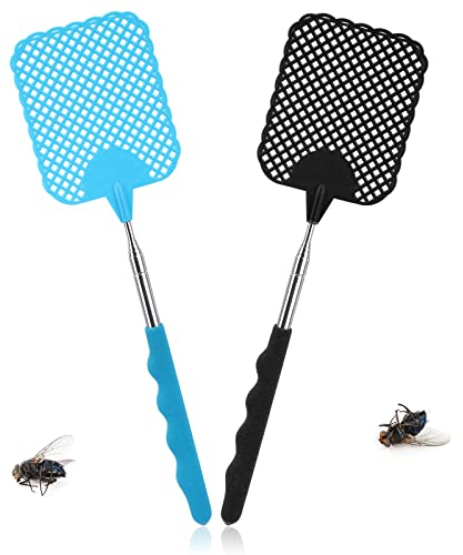 TAKUZA Fliegenklatsche 2 Stück, Fliegenklatsche Ausziehbar, Pest Control, Mit Integriertem Mückenschaber, Für Verwendet, Um Fliegen, Wespen, Mücken Und Andere Insekten Abzuwehren (Schwarz, Blau)