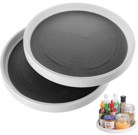LOLYSIC Lazy Susan Schrank-Organizer, 30 cm, Lazy Susan Drehteller, rutschfest, drehbar, Gewürzregal, Soßen-Gewürzhalter für Küchenschrank, Schrank, Speisekammer, Kühlschrank, Grau, 2 Stück