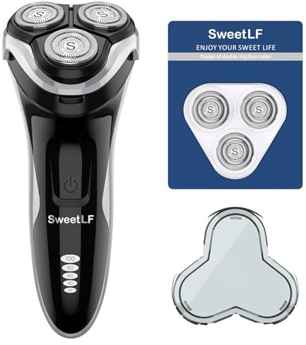 SweetLF Maquina de Afeitar Hombre (Mas 3 uds. Cuchillas de Respuesto + 1 Cargador Español), Afeitadora Electrica Barba con Pantalla LED, IPX7 Resistente al agua, Recortador de Precisión, SWS7105