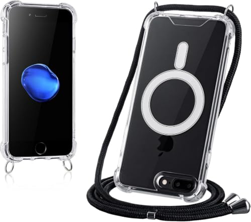 JProtect für iPhone 8 Plus Hülle mit Band und MagSafe – Magnetische Handykette für iPhone 7 Plus Magnet – Durchsichtige Umhängehülle Band Schwarz – Kette Handyhülle für MagSafe Zubehör