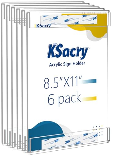 KSacry 6 Pcs Acrylic Sign Holder 8.5 x 11, Vertical Wall Mount Sign Holders with 3M Adhesive, Clear Plastic Frames Paper Display Sign Holders for Office, Home, Store, Restaurant - No Drilling