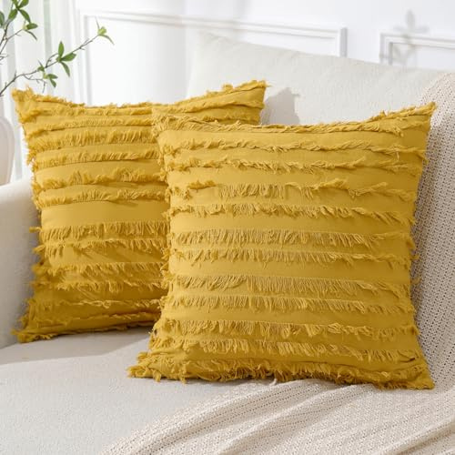 JOTOM Dekorative Kissenbezug mit Tassel Boho Fransen Dekokissen Bezug Weich Kissenbezüge Quaste Dekor Kissenhülle für Sofa Schlafzimmer Wohnzimmer 2er Set (45 x 45 cm, Gelb)