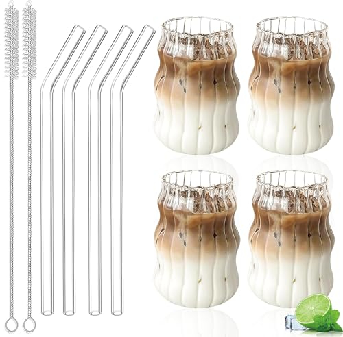 Nizirioo Lot de 4 Verres à Café 500 ml Avec Pailles et Brosses de Nettoyage - Pour Dessert, Thé, Jus, Whisky, Bière, Cocktail et Café Glacé