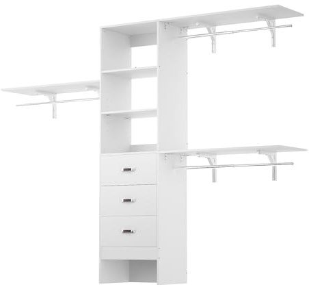 iSunirm 8FT Closet System, 96'' Closet Organizer System with 3 Hanging Rods, Wall Mount Bedroom Wardrobe with 3 Drawers Walk-in Closet, Adjustable Cloth Garment Rack from 5 to 8FT (Cut to Fit), White