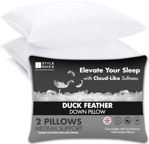 Duck Feather & Down Pillows Down Bed Pillows for Sleeping, Standard/Queen(74cm×48cm), High Filling 900g, Medium Support Back Sleeper Pillows, 100% Soft Cotton Cover, Hypoallergenic (2 Pack)
