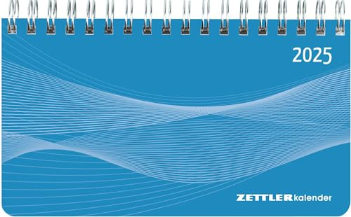 Zettler - Querkalender Mini 2025 blau, 15,6x9cm, Bürokalender mit 128 Seiten, 1 Woche auf 2 Seiten, Tages- und Wochenzählung, Monatsübersicht, Spiralbindung und internationales Kalendarium
