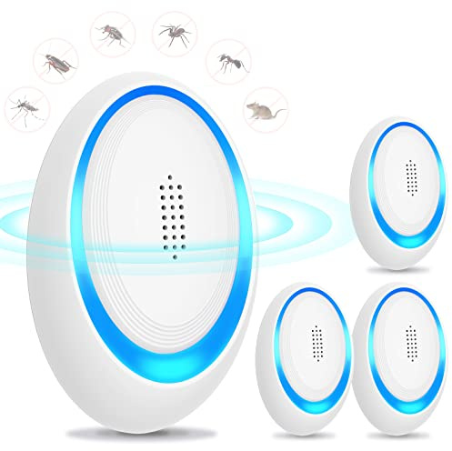 Anti Moustique Ultrason Prise, Ultrason Souris Mouche 4 Paquets, Appareil Repulsif Souris Efficace pour Repousser Les Rats, Les araignées, Les moustiques, Les Souris, Les cafards Bla