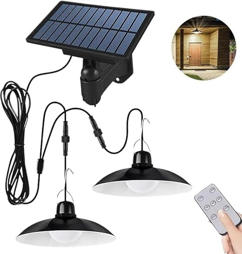 vidoelettronica Lampadario Solare da Esterno, Luci da Giardino con Telecomando Timer, Crepuscolare e Sensore, 2 Lampade a Sospensione con Cavo 3M, Impermeabile IP65 per Giardino, Casa, Garage