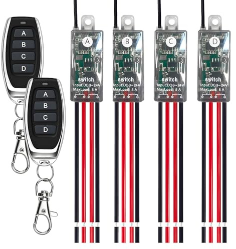 Meskliu 12v funkschalter,4 Kanal Mini Funkschalter mit Fernbedienung,DC5V-24V 5A Funk Relais Wandschalter,Kabelloser Lichtschalter mit 50m Long Range für Garagentor, Motor, Markise…