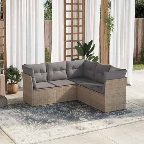5-tlg Garten-Sofagarnitur mit Kissen Beige Poly Rattan modularer Design wasserfester Beutel UV-beständig für Garten Terrasse Innenhof