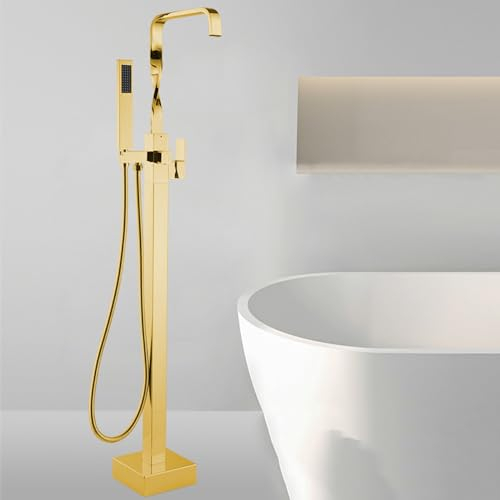 Badewannenarmatur Freistehend Wasserfall Wannenarmatur mit Handbrause Badewannenarmatur Wasser Kalt und Heiß Messing Asserhahn Freistehend Badewanne-Gold