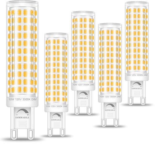 ZHENMING Dimmable G9 Led Bulbs 75W 80W 100W T4 Clear Halogen Equivalent,10W 1000 lm,3000K Soft Warm White,AC120V G9 Bi-pin Base LED Light Bulb for Chandelier Pendant Wall Ceiling Ligting,5Pack