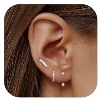 JeweBella 3 Paar Ohrringe Silber 925 Set für Damen 14 Karat Vergoldet Kleine Ohrstecker 925 Set Stapelbar Zirkonia Ohrstecker Creolen Ohrringe Set für Mehrere Piercings